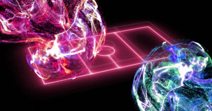 Animation of yellow and blue particle networks over pink neon basketball court on black background