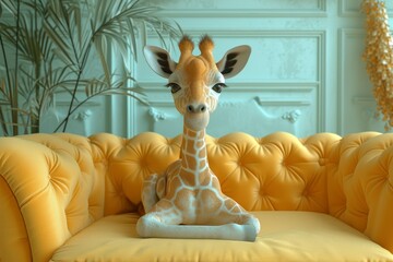 A giraffe is sitting on a yellow sofa interior. 3d illustration