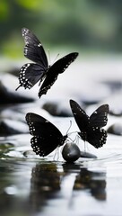 The image features three black butterflies hovering over a small puddle. The butterflies have white spots on their wings. The background consists of rocks and a blurred green and white area