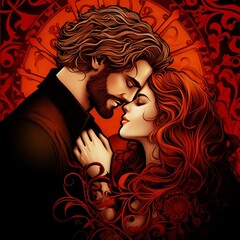 Square format romantic portrait of a woman with long hair embracing and kissing a handsome young man with beard on red and black gothic fantasy background, cartoon characters in love, romance
