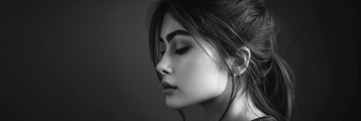 Black and white portrait of a woman with a subtle profile view, highlighting her delicate features and elegant hairstyle.