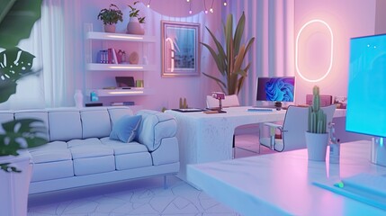 living room that also serves as home office for feminine person with pink and light blue color
