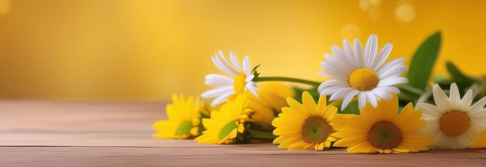 Obraz premium Garden chamomile flowers on yellow background. Top view with copy space