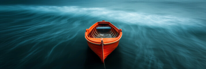 A solitary bright orange boat floating on a tranquil blue ocean with a smooth, long exposure water surface.