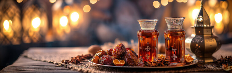 Traditional Ramadan table setting featuring dates and tea in decorative glasses, with a lantern and warm lights creating an inviting and festive atmosphere. - obrazy, fototapety, plakaty
