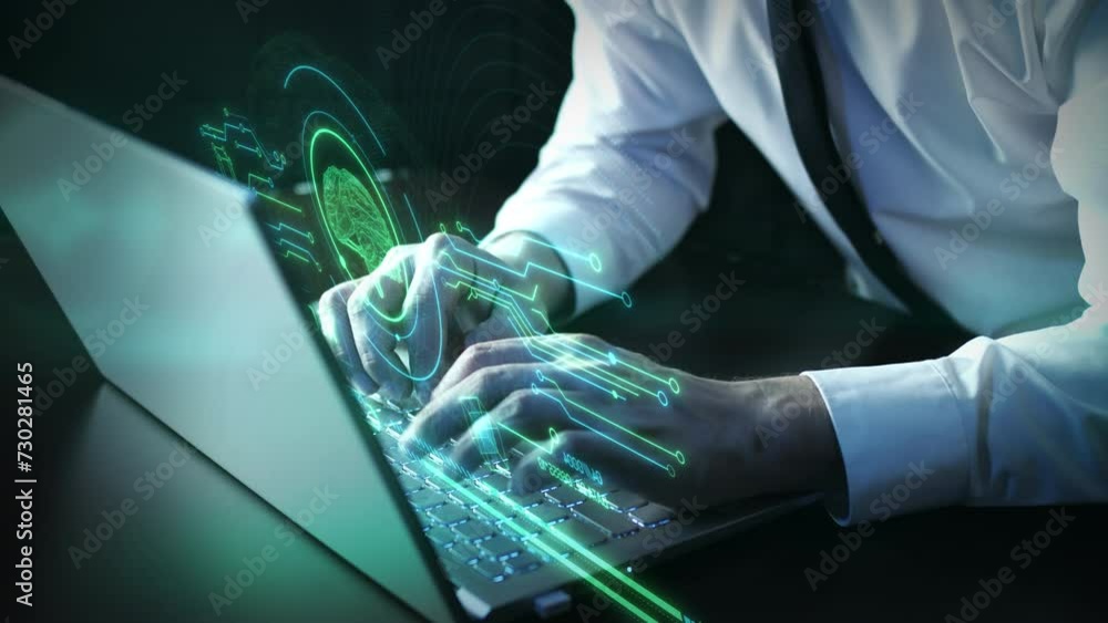 Poster working with artificial intelligence on a laptop.