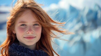 Portrait of a red-haired girl on a background of mountains. Teenage girl with chestnut hair flowing gently in the breeze, standing against the vibrant backdrop of the iconic Perito Moreno Glacier.