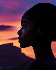 Silhouette of a beautiful African woman in a black headdress against the background of the setting sun. Stunning beautiful girl with ebony hair, warm mahogany skin, and deep/