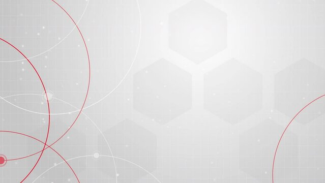 Abstract gray geometric background with red and white lines, circles and dots. Grid of hexagons. Loop motion graphic.
