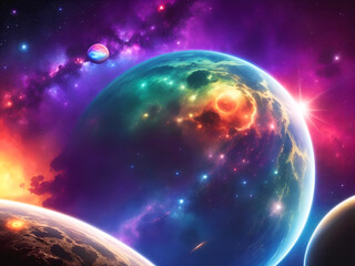 Vibrant colorful cosmic scene with planets and nebulae .