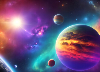 Fototapeta na wymiar Vibrant colorful cosmic scene with planets and nebulae .