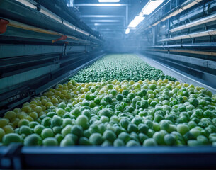 Frozen vegetables on factory conveyor
