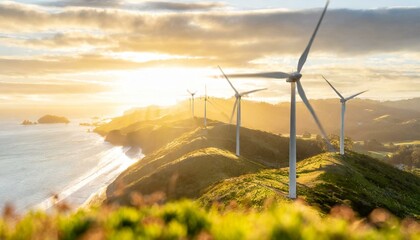 wind turbines farm in sunset