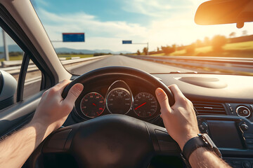 Naklejka premium Man hands of car driver on steering wheel for road trip on highway road.