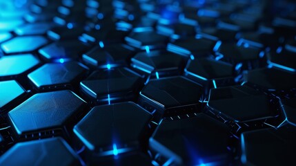 Obraz premium Close-up view of hexagonal pattern with blue neon lighting, giving a futuristic technology texture.