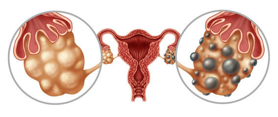 Polycystic Ovarian Syndrome or PCOS on ovaries symptoms as hormonal disorder with small ovarian cysts as a concept of female fertility or infertility with fallopian tubes. - obrazy, fototapety, plakaty
