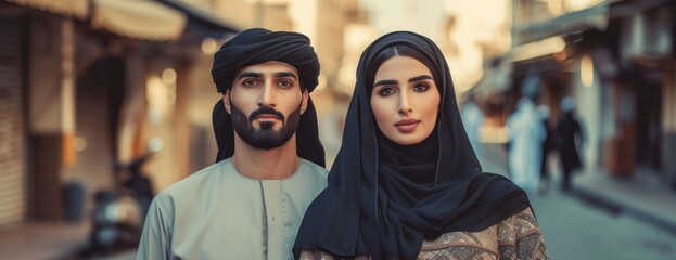 beautiful arab middle eastern women with traditional abaya dress and middle easter man wearing 