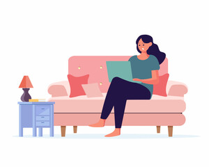 Women sitting with laptop on sofa for working, studying, education, work from home vector illustration