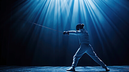 A fencer in protective equipment stands in competition stance with foil ready for competition, with spectacular lighting