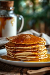 Delicious breakfast, pancakes with butter and sweet syrup.