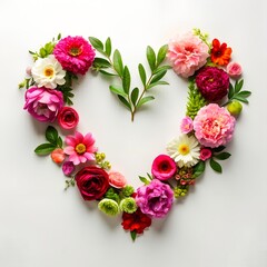 Heart shape made of flowers, square flat lay background