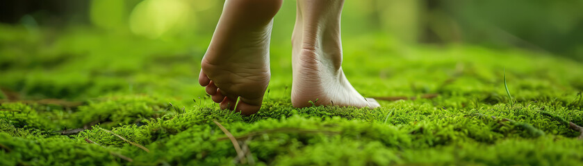 Close-up of feet walking barefoot on green moss, symbolizing grounding and connection to the earth