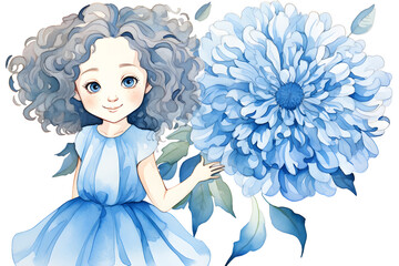 a little girl with light curly hair, in a blue monochrome dress holding a large flower,gray-blue scale,watercolor illustration,concept of children's goods and services,design of postcards and books
