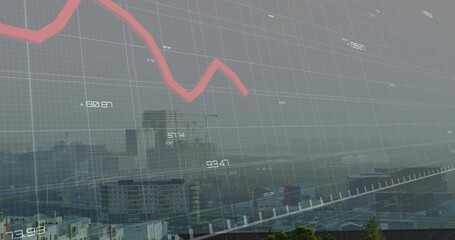 Animation of red graphs processing data over misty cityscape - Powered by Adobe