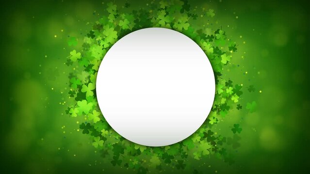 St Patrick's day background with green clover round frame on loop background. Looped animation with flying particles. Copy space.