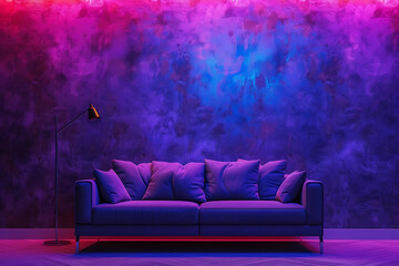 Room with sofa in living room and neon lights background.