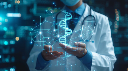 Tecnologia medica. Medico con tra le mani ologramma di dna di paziente,  cartella clinica elettronica. Sanità digitale e globale su schermo virtuale ologramma, tecnologia sanità
