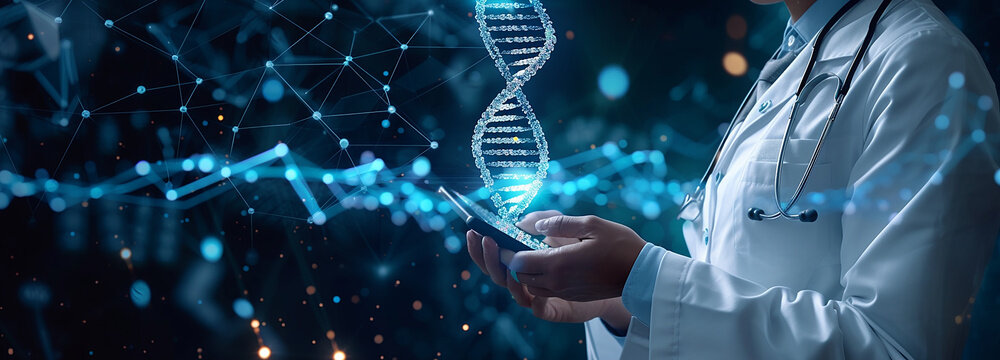 Tecnologia medica. Medico con tra le mani ologramma di dna di paziente,  cartella clinica elettronica. Sanit&agrave; digitale e globale su schermo virtuale ologramma, tecnologia sanit&agrave;