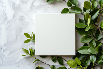 Top view of white square for text with plant on background.