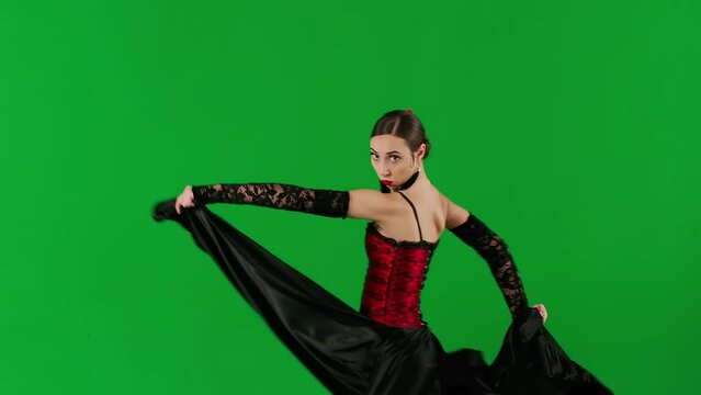 Woman dancer dancing on chroma key green screen. Female in flamenco style dress performs elegant spanish dance moves with her hands and body in the studio.