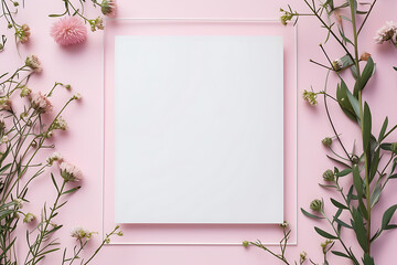 Top view of white square for text with plant and pink flower on background.