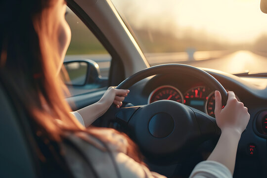 Woman hands of car driver on steering wheel for road trip on highway road.