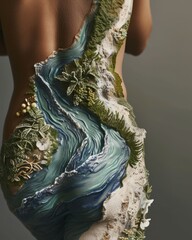 Elaborate body art of a river coursing through a landscape on the back, encapsulating the essence of a thriving ecosystem