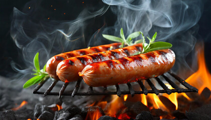 barbecue sausage on fiery grill with smoke, symbolic of outdoor cooking and savory flavor - obrazy, fototapety, plakaty