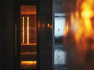 Warm ambiance in a private infrared sauna with glowing heater elements - obrazy, fototapety, plakaty