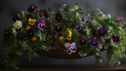 Pansies cascading from a hanging basket.