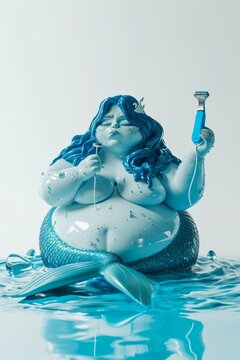 A fat mermaid with a razor in her hand . A mythical sea woman with a fish tail. 3d illustration