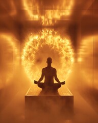 Meditative silhouette of a person in a sunlit yoga pose within an infrared sauna, symbolizing peace and mindfulness