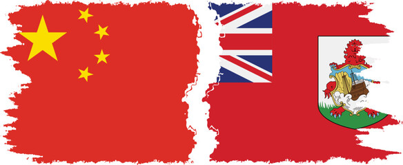 Bermuda and China grunge flags connection vector