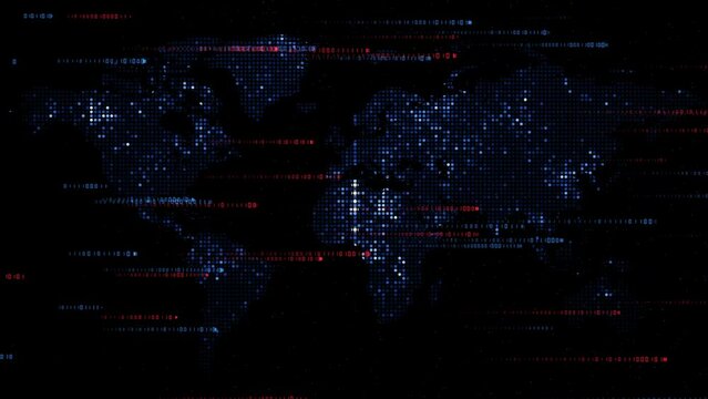 World map technology style digital world with electronic systems. Red and blue shiny lines from binary code. Loop animation.