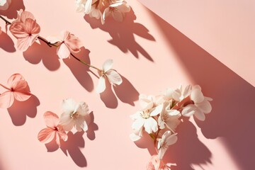Delicate geranium and hydrangea petals with soft shadows on a pastel pink backdrop, perfect for spring and nature designs