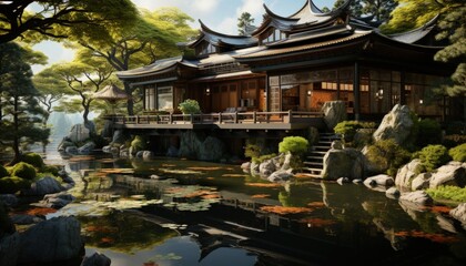 A traditional Japanese tea house in a serene garden