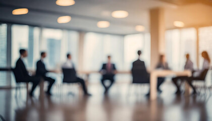 Blurry office meeting scene symbolizing business dynamics, with copy space
