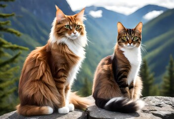 two fluffy cats sitting on a rock.