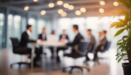 Blurry office meeting scene symbolizing business dynamics, with copy space