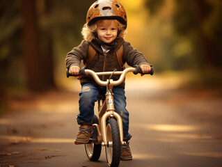 Portrait of a little boy in a safety helmet having fun riding a bike in a city park.